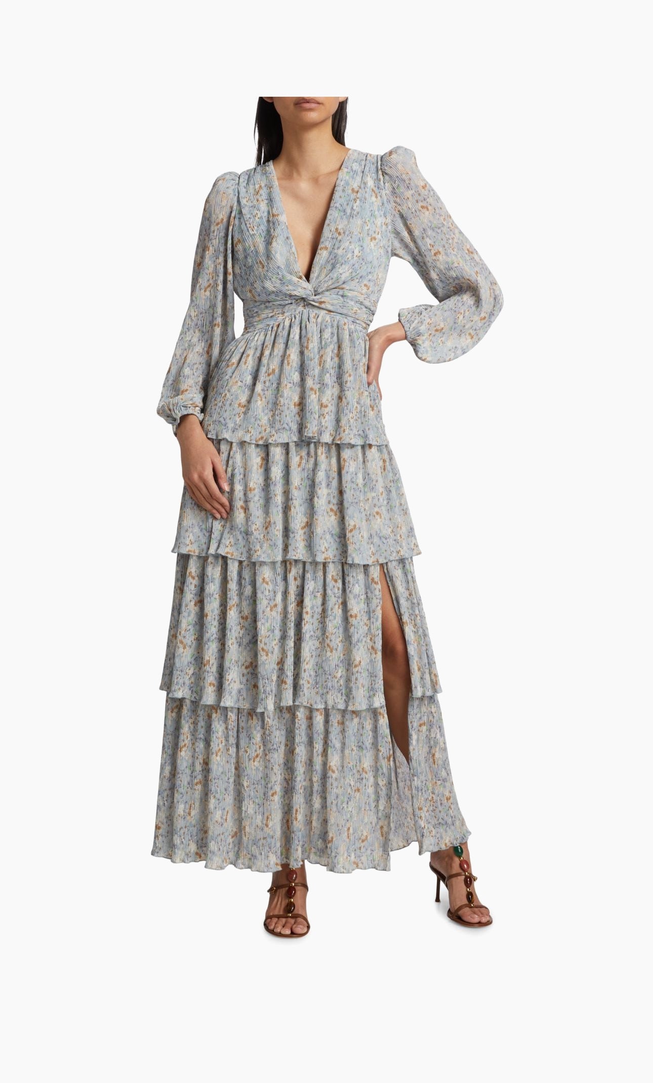 ASTR The Label Sibylla Tiered Chiffon Dress Blue Floral